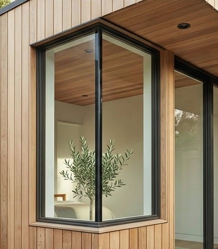 Modern architectural window detail with cedar siding by AS Design Build