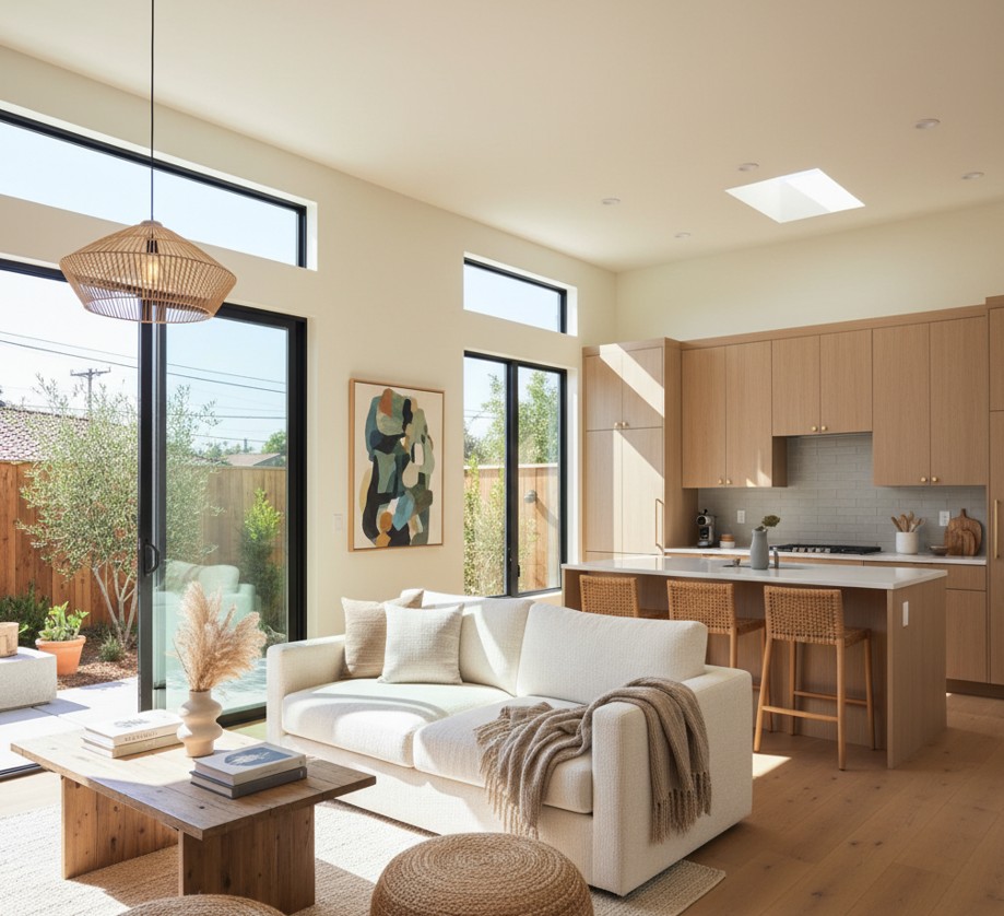 Modern ADU accessory dwelling unit interior with kitchen and living room